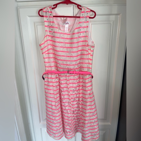 Justice Pink‎ White Lace Easter Dress Girls 14 Belt Rhinestones - Picture 1 of 4